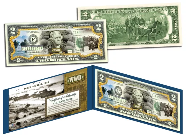 WORLD WAR II * D-DAY NORMANDY LANDINGS * Colorized $2 Bill US Legal Tender WWII