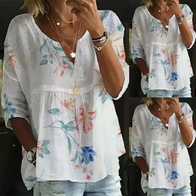 Womens Summer Cotton Linen Floral Tunic Tops Blouse Ladies Boho Loose T-Shirt