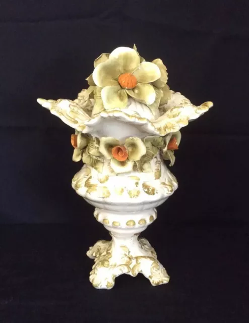 Italian Capodimonte Style Porcelain Vase / Urn Decorated With Flowers.