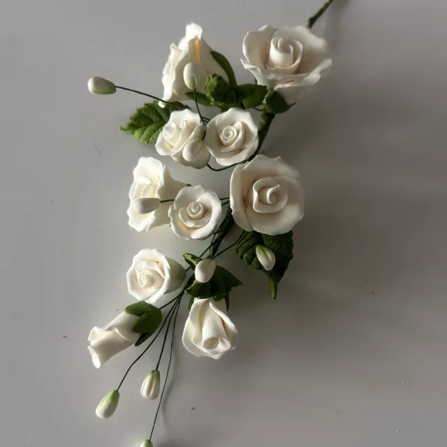 Roses Leaves Buds Sugar Flower Spray IVORY / CREAM  Bouquet Cake Wedding Topper