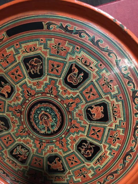 Vintage Burmese Lacquerware Tray Platter Wall Art 15.5” 2
