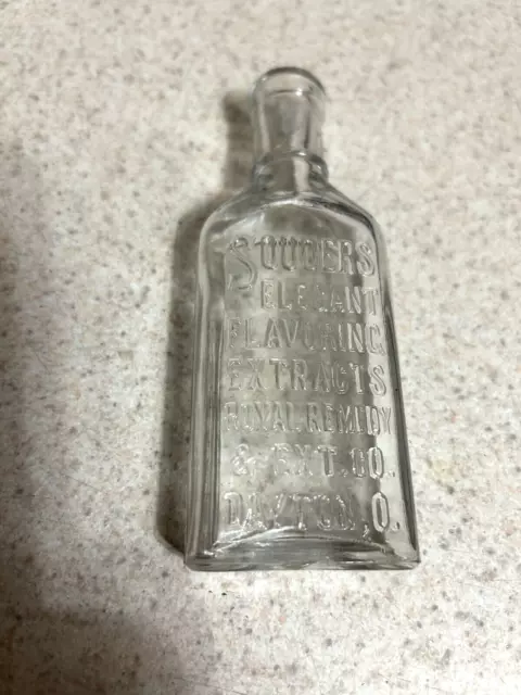 Antique Souders Elegant Flavoring Extracts Glass Bottle Dayton Ohio 5" Tall.