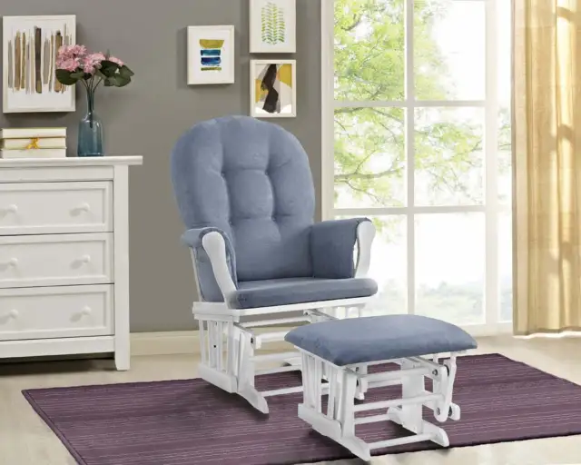 Nursery Glider Rocking Chair Windsor Glider with Ottoman, with Blue Cushions