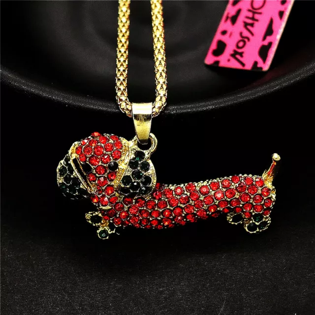 Fashion Women Rhinestone Red Crystal Cute Dachshund Dog Pendant Chain Necklace