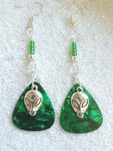 Guitar Pick Earrings Alien Head Charm Super Long Dangle Beaded 3.25" Handcrafted