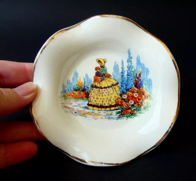 Vintage Lancaster Sandland Yellow Skirted Crinoline Lady In Garden Pin Dish