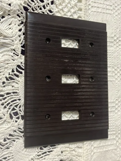 Vtg TRIPLE Electrical Light Switch Plate Cover Brown Uniline Bakelite Striped