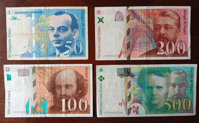 Lot 4 Billets 50 100 200 500 Francs Banque De France Curie Cezanne Eiffel