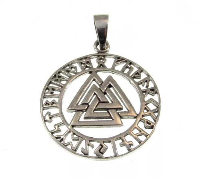 Solid 925 Sterling Silver Norse Viking VALKNUT Symbol w/ Norse Runes Pendant