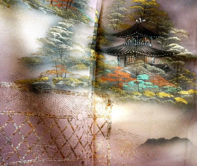 Japanese kimono  "Iro-TOMESODE", Gold leaf, Foggy landscape, Crests,L5' 3"..2979 2