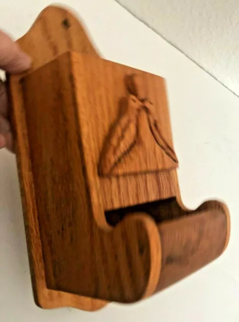 Vtg MCM Wooden MATCH SAFE WOOD RACK Holder OAK Wall Hang HAND CARVED BIRDS OLD