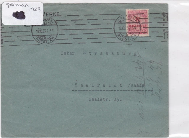 German Postal History Stamps Cover 1923 Ref 8738