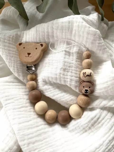 Schnullerkette mit Namen Junge  Mädchen Geschenk Holz Silikon Nuckelkette Bär