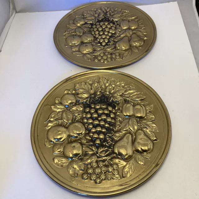 2 Vintage Copper Brass Wall Hanging Charger  FRUIT SCENE 11 Inch Lombard England