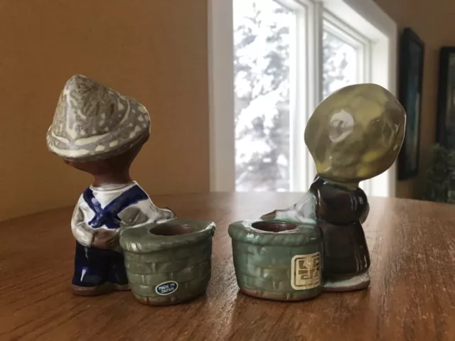 Vintage UCTCI Japan Stoneware Girl & Boy Child Candle Holder Set -Clay Pottery 3