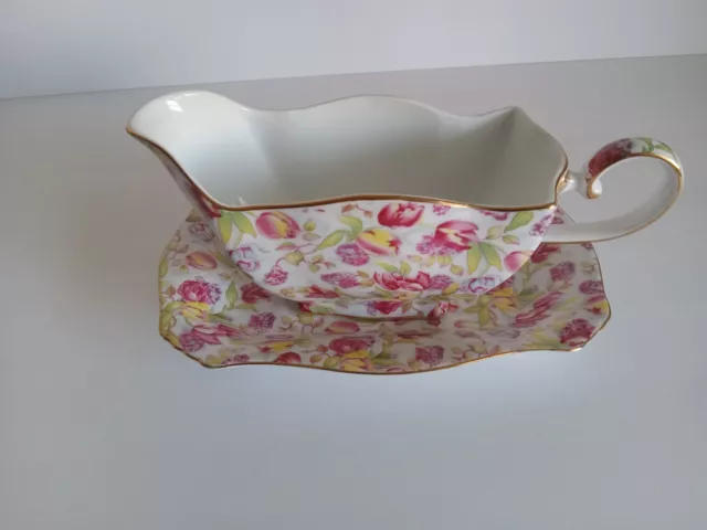 Royal Cotswolds Godinger Chintz Gravy Sauce Boat w Underplate Saucer Floral Dish