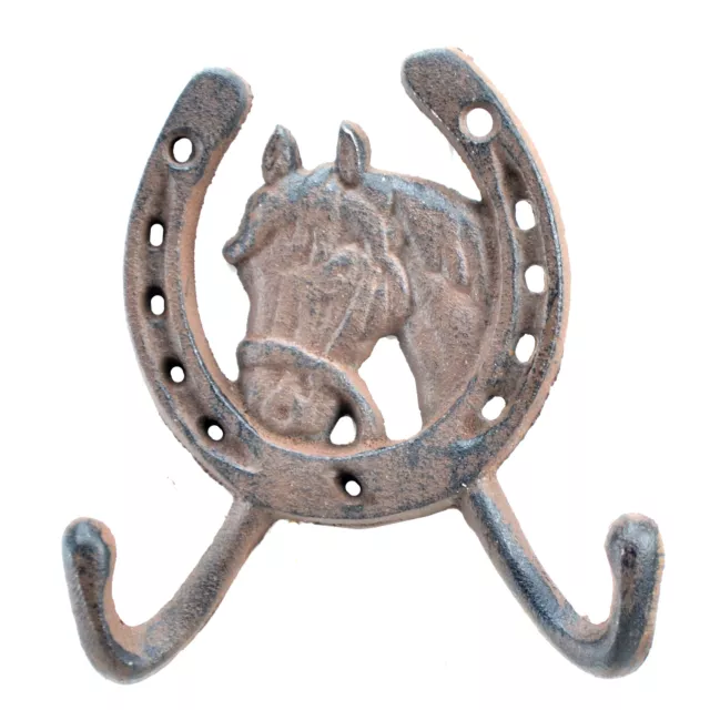 Horse Head Horseshoe Western Double Wall Hook Rust Brown Cast Iron 5" Tall Coat