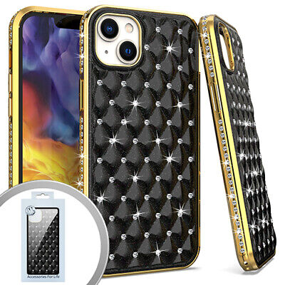 For Apple iPhone 14 Pro Max Plus 13 Bling Diamond Shockproof Hard Slim Gold Case