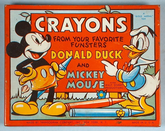 1950 Mickey Mouse & Donald Duck Tin Crayons Box Walt Disney Prod. Transogram