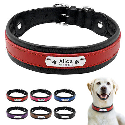 Soft Leather Padded Personalized Dog Collar with Custom Name ID Tag Heavy Duty