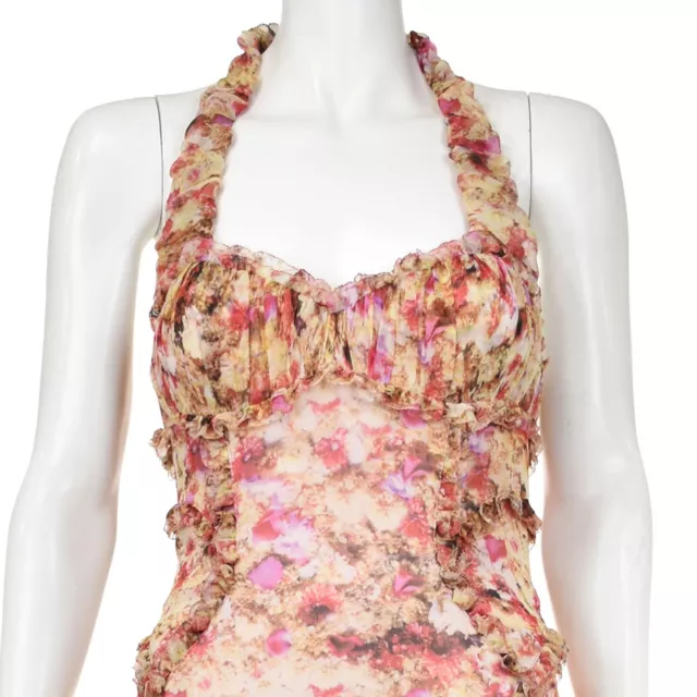 ZAC POSEN Ruffled Pink Floral Silk Chiffon Midi Halter Dress. Resort 2009 SIZE 4 2