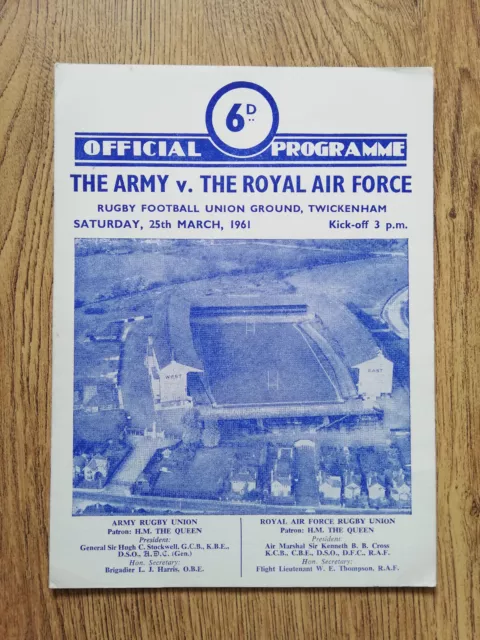 Army v Royal Air Force Mar 1961 Rugby Programme