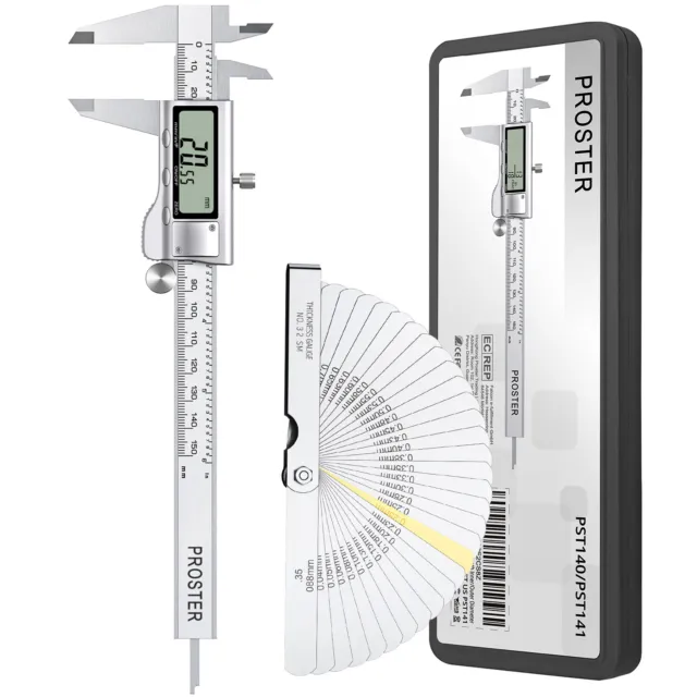 Proster 6'' Digital Vernier Caliper Stainless Steel Micrometer + Feeler Gauge