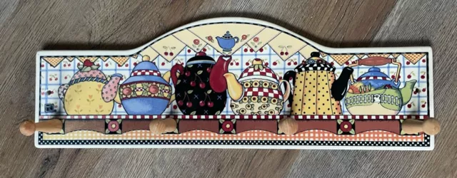 Mary Engelbreit Ceramic Teapot Design Wall Peg Mug Cup Rack 16.5 x 5.5" Vtg 1994 2
