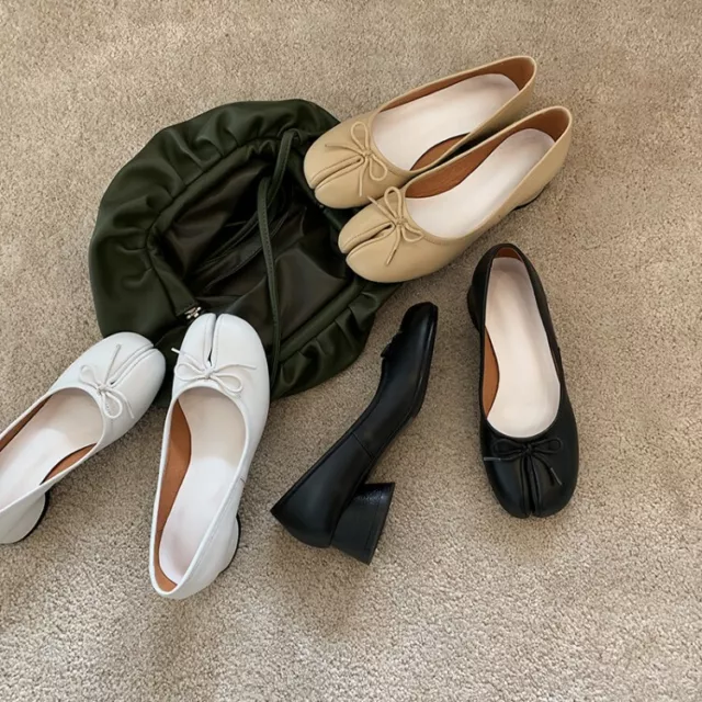 Women's Leather Bowtie Tabi Split Toe Mid Block Heels Ballet Court Shoes Fashion