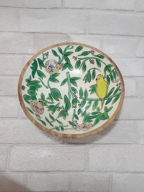 Mango Wood Ceramic Salad Bowl Green Bird Tropical Plant Summer by Opal House