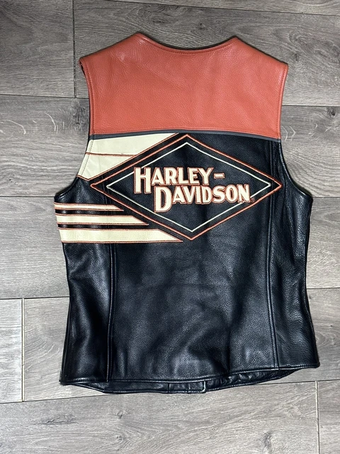 Harley Davidson Womens Leather Vest Large Black Orange Cream Soft Snap Zip Thick