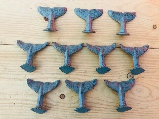 10 Cast Iron Whale Tail Hooks Coat Hat Closet Hall Tree Jacket Tale Hat Green