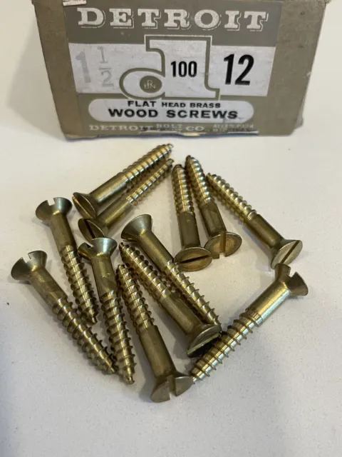 Vintage Flat Head Slotted Brass Wood Screws # 12 1 1/2” Qty. 12  Detroit B&N