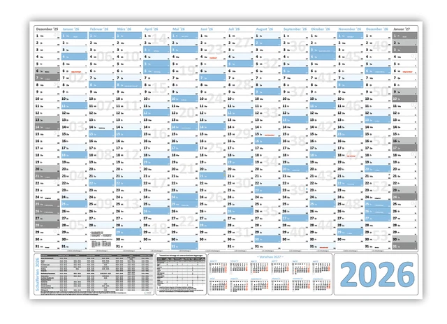 XXL WANDKALENDER DIN A0 2026 hellblau gerollt Wandplaner inkl. Ferien ...