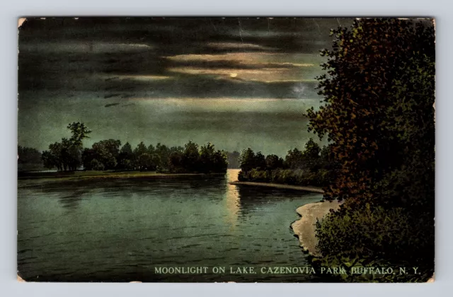 Buffalo NY-New York, Moonlight On Lake, Cazenovia Park, Vintage c1912 Postcard