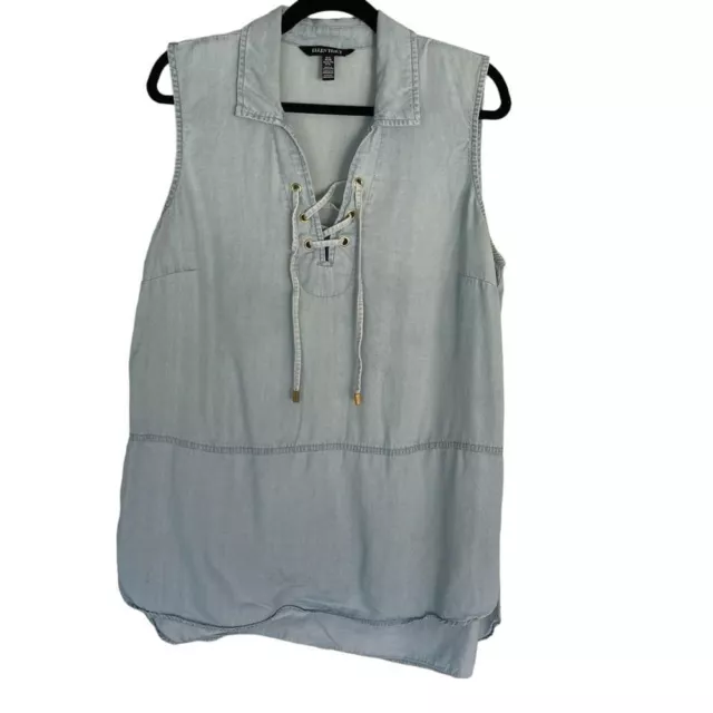 Ellen Tracy Size XL Denim Lace Up Tunic Top Sleeveless Casual Peplum Style Shirt