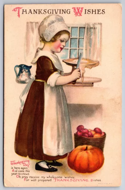 Clapsaddle Thanksgiving~Pilgrim Girl Trims Pie Crust~Pumpkin~Apple Basket~WOLF