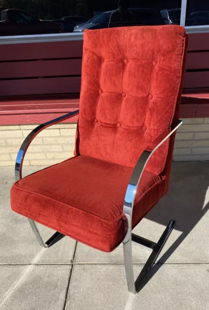 vintage mid century Milo Baughman style lounge arm chair chrome rust orange