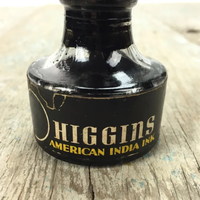 Vintage Glass Bottle HIGGINS American India Ink Black With Old Rubber  Stopper
