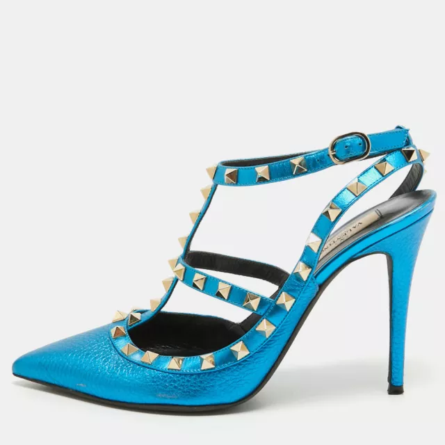 Valentino Metallic Blue Leather Rockstud Ankle Strap Pumps Size 39.5