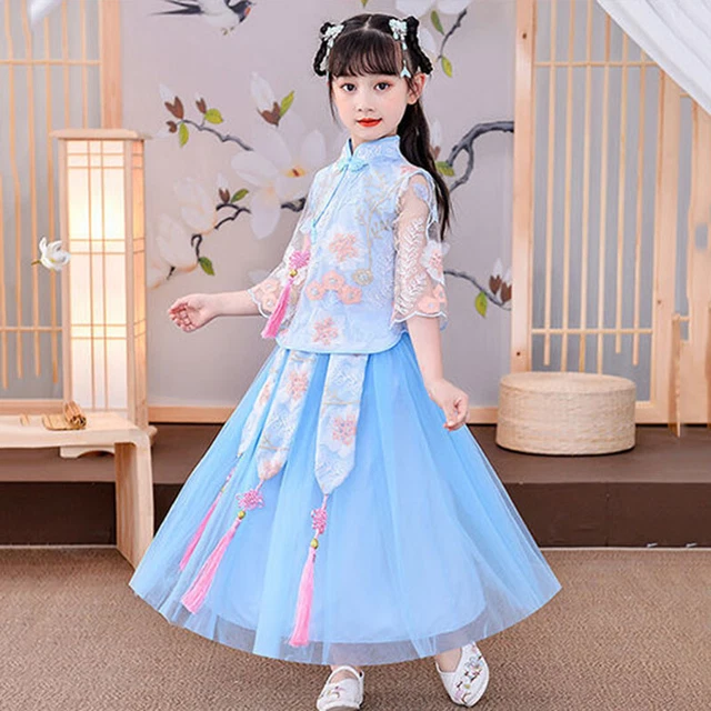 Bambini Cinese Hanfu Ttang Abito Due Pezzi Set Top E Gonne Nappa Ricamo Set