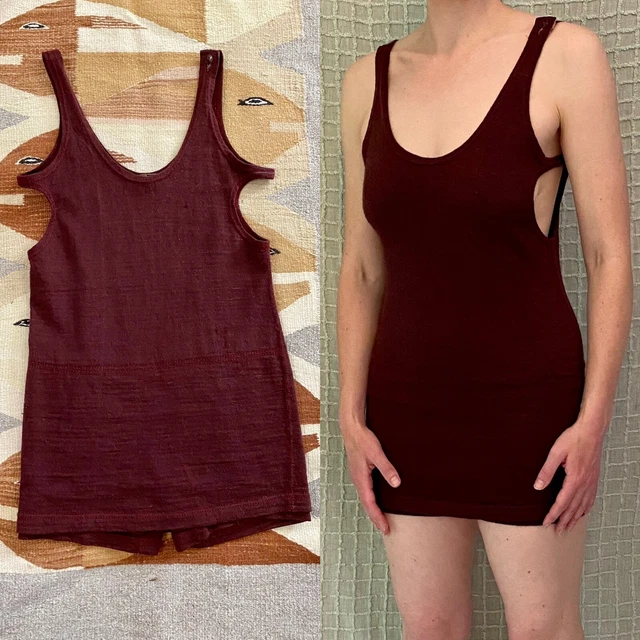 Vintage 20s Antique Maroon Red Flapper Worsted Wool Swim Suit by JC Penney sz M