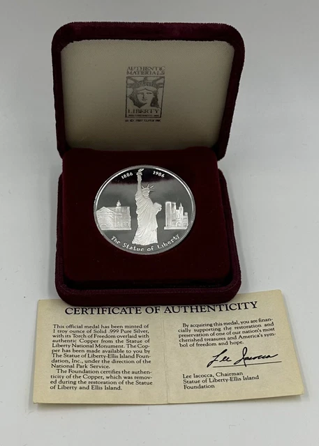 1886-1986 Centennial Statue Of Liberty 1 Troy Ounce .999 Fine Silver W/Box & Coa