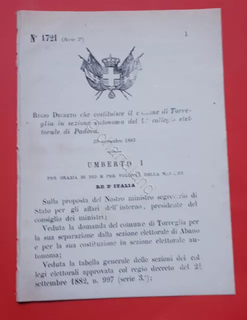 Decreto Regno Italia Costituzione comune di Torreglia in sezione di Padova 1883