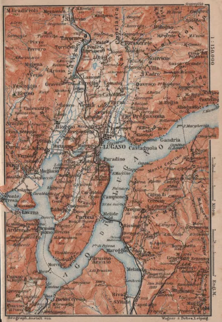 LUGANO ENVIRONS. Lake Lago di. Topo-map. Switzerland Suisse Schweiz 1905