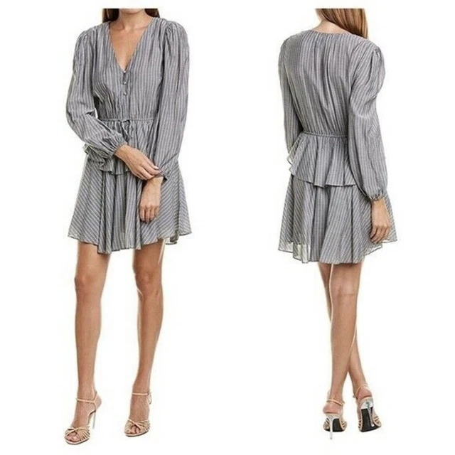 NEW 1. State Sugar Plum Dress Rich Black Grey Pinstripe Tiered Women’s Large L