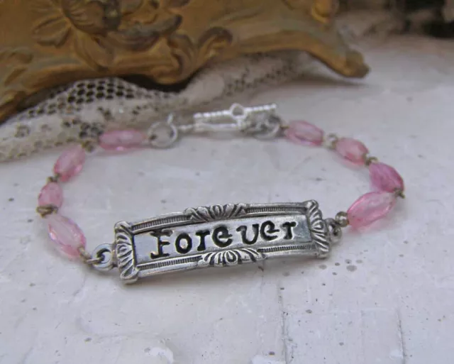 Vintage Style ID Forever Bracelet Silver Pewter Pink Glass Bead Heart Closure