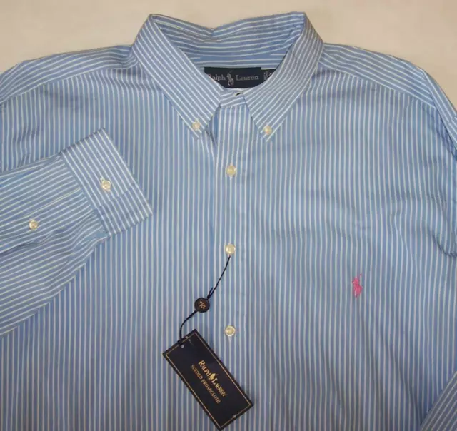 NWT Ralph Lauren BLUE/WHITE STRIPES Smooth Cotton Shirt Men's 2XB PINK POLO PONY