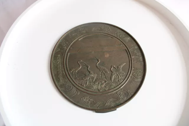 Bronze Coin Shape Swan Chinese or Japanese Writing on Unknown Era 7" Size Large