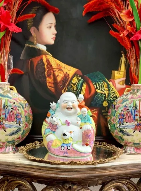Chinese Statue  of Laughing Buddha Figurine Beautiful Vintage Colorful Decor